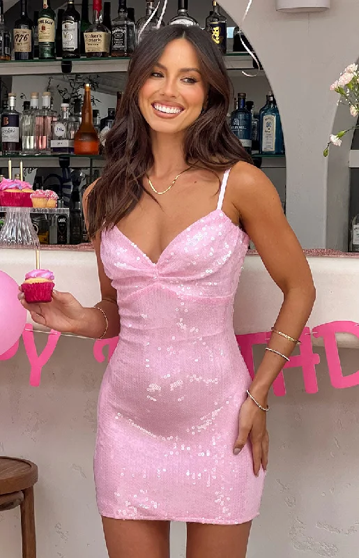Mini dresses with spaghetti straps for a delicate lookHoney Pink Sequin Mini Dress