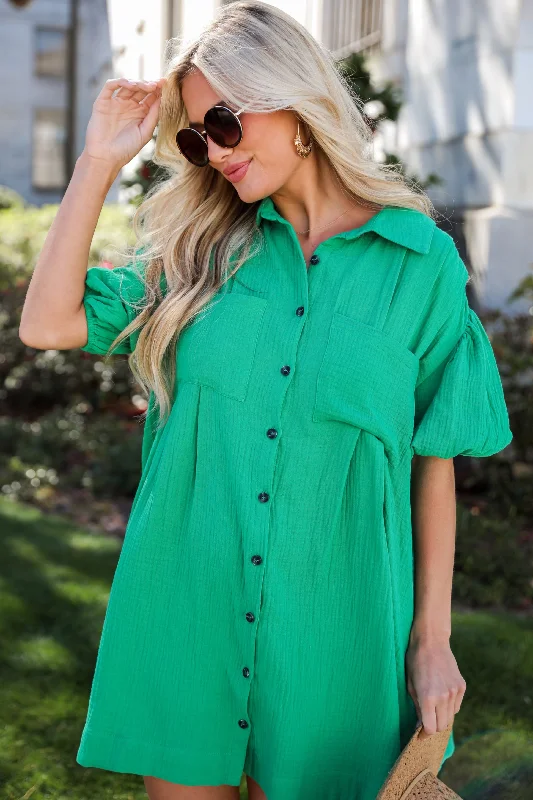 Mini dresses with cold - shoulder designsInfinitely Impressive Kelly Green Linen Mini Dress