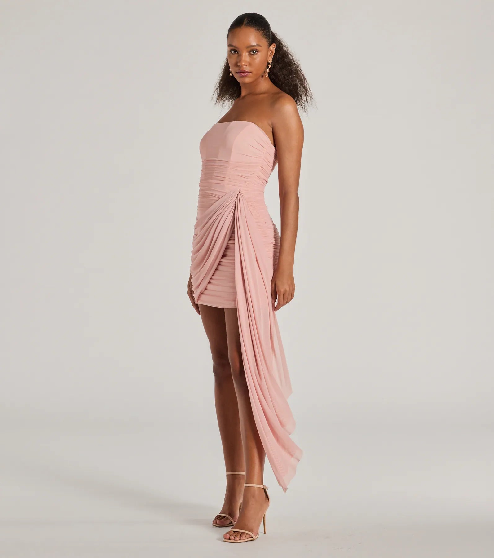 Mini dresses with keyhole necklinesKaiya Strapless Bodycon Ruched Mesh Mini Dress