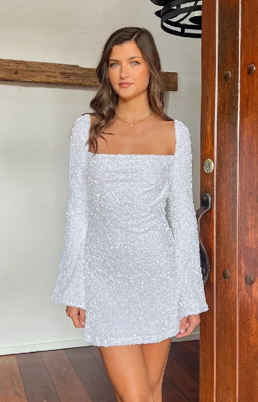 Mini dresses with pleated skirts for a classic lookMarienne White Velvet Sequin Mini Dress