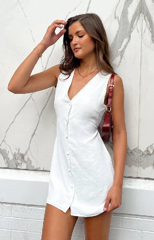 Denim mini dresses with distressed detailsMaurice White Button Up Mini Dress