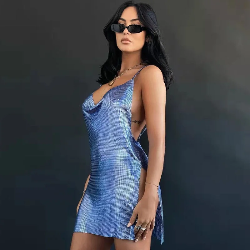 Mini dresses with button - down frontsCowl Neck High Slit Club Mini Dress - Royal Blue