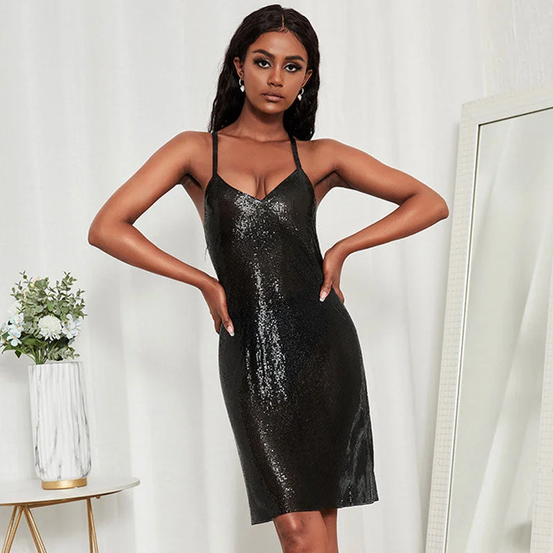 Mini dresses with tassel accents for a fun touchV Neck Low Back Sleeveless Party Mini Dress - Black