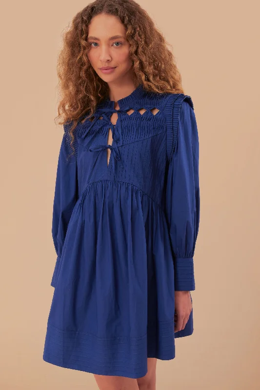 Mini dresses with V - necklines for a flattering shapeNavy Blue Open Yoke Mini Dress