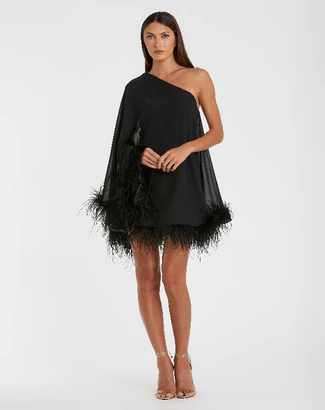 Mini dresses with one - shoulder designsOne Shoulder Trapeze Dress with Feather Trim
