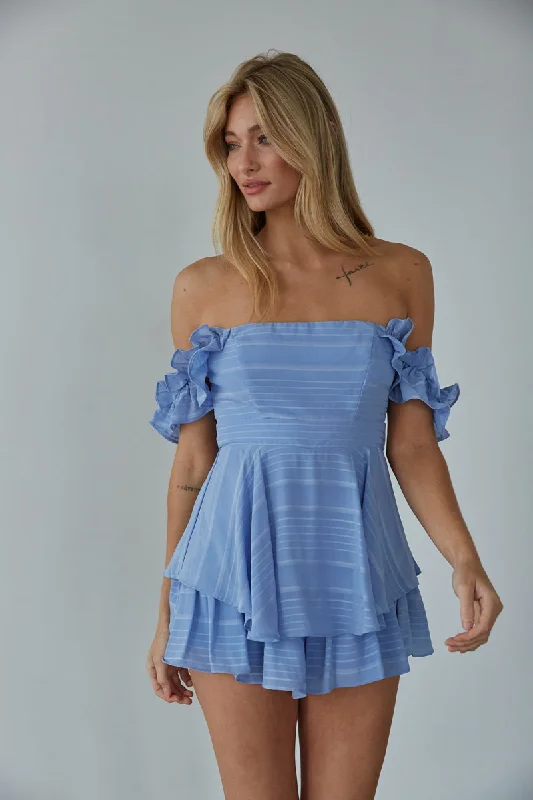 Mini dresses with fringe for a bohemian stylePresley Off-The-Shoulder Ruffle Romper