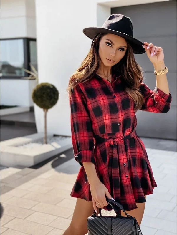 Velvet mini dresses for autumn weddingsRiana Cotton Plaid Tie Shirt Dress - Navy - FINAL SALE
