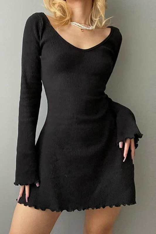 Mini dresses with one - shoulder designsRound Neck Long Sleeve Lacework Hem Dress