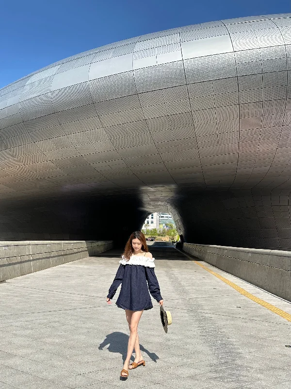 Mini dresses with off - the - shoulder stylesRuffles & Denim Long Sleeves Mini Dress