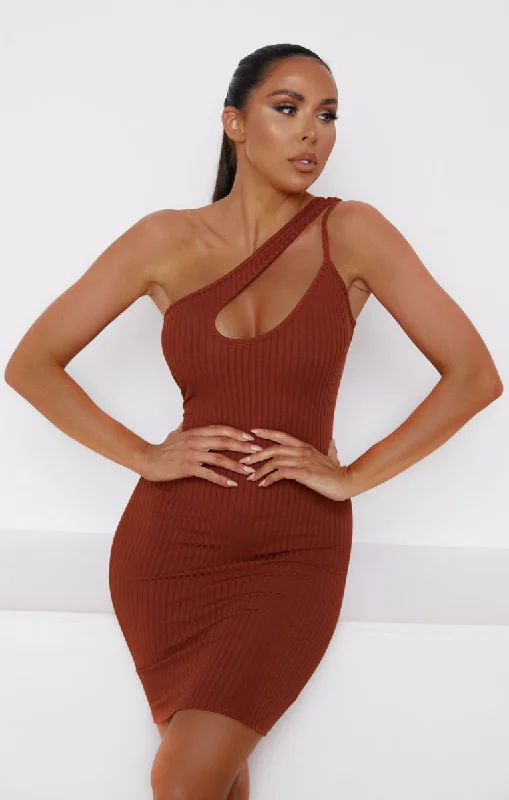 Mini dresses with abstract prints for an artistic lookChocolate Ribbed One Shoulder Cut Out Bodycon Mini Dress - Lucia Mini dresses with abstract prints for an artistic lookChocolate Ribbed One Shoulder Cut Out Bodycon Mini Dress - Lucia