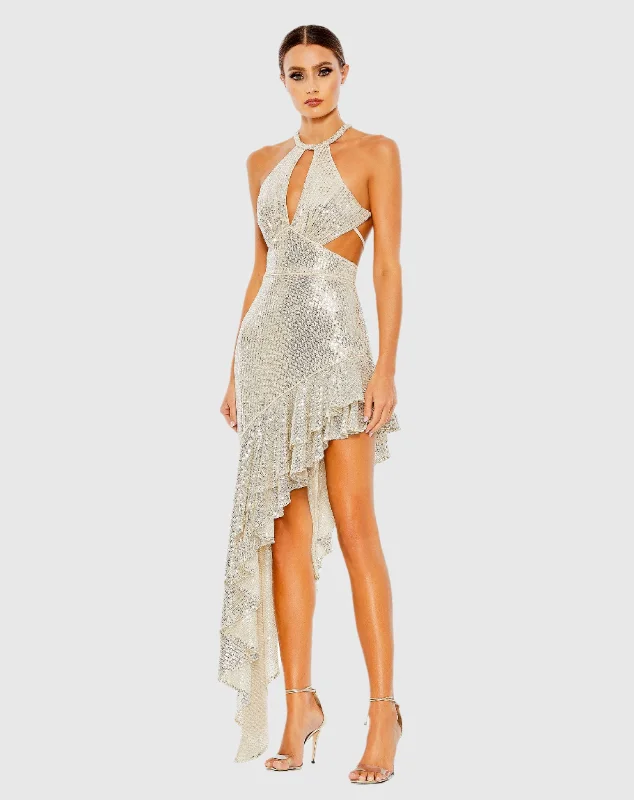 Mini dresses with geometric prints for a modern aestheticSilver Sequined Halter Cut Out Ruffle Asymmetrical Dress