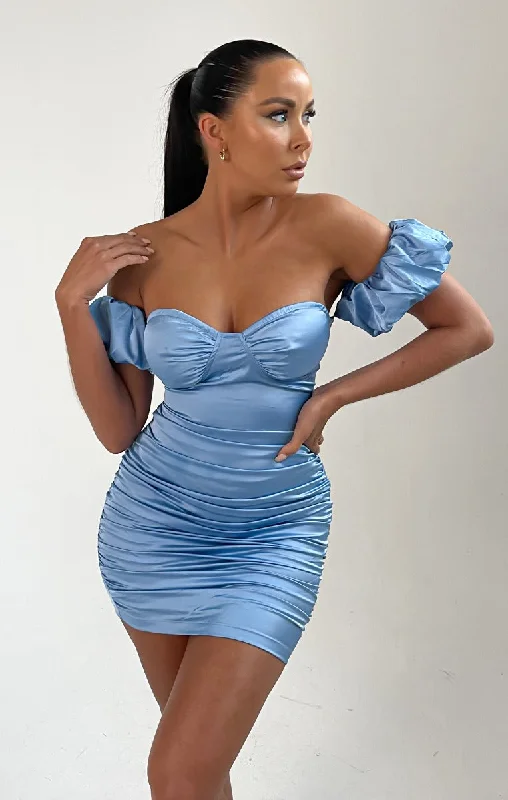 Satin mini dresses for a luxurious feelSky Blue Satin Bardot Puff Sleeve Bodycon Mini Dress - Esme Satin mini dresses for a luxurious feelSky Blue Satin Bardot Puff Sleeve Bodycon Mini Dress - Esme