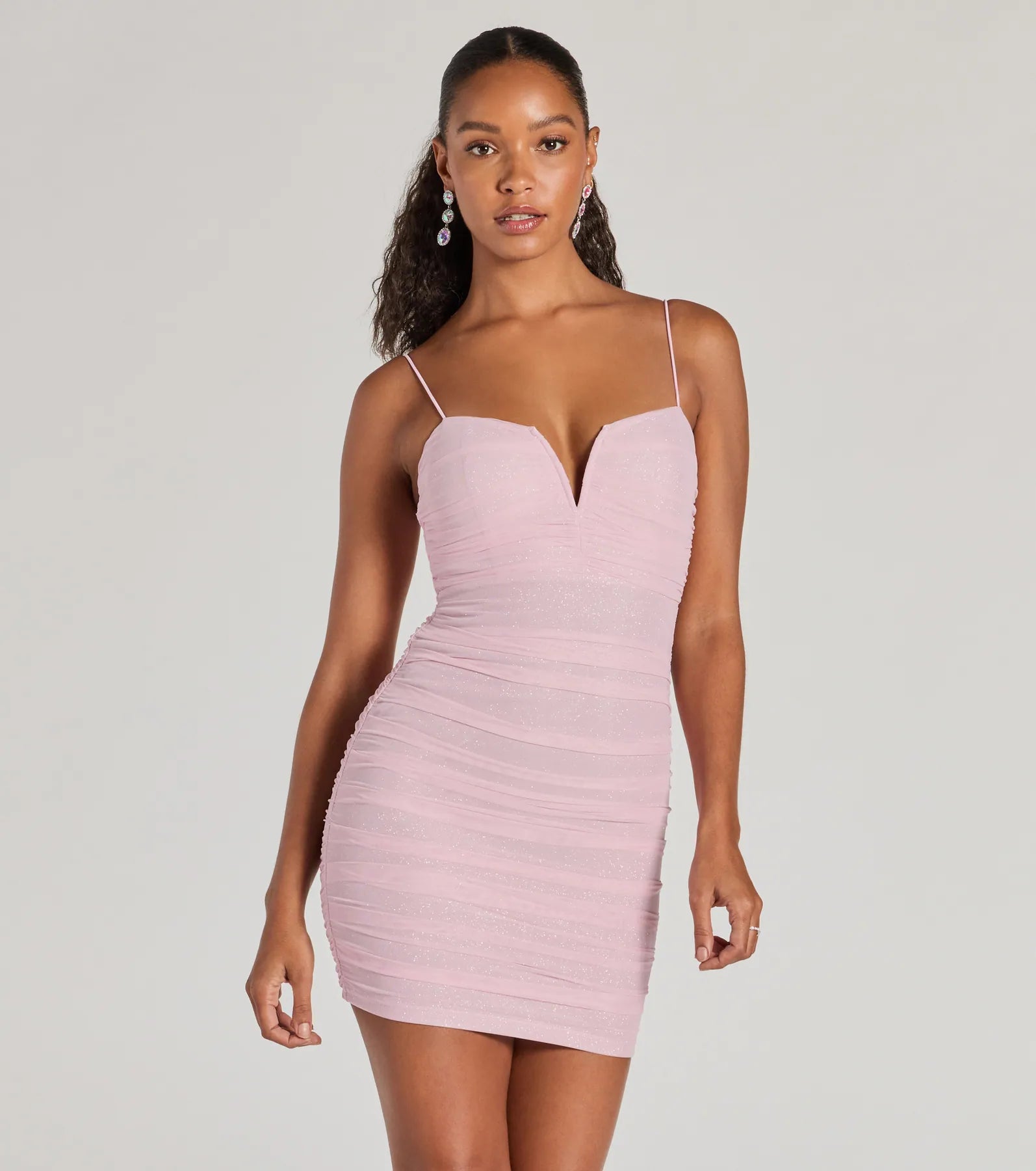 Denim mini dresses with distressed detailsSparkling Glow V-Neck Bodycon Glitter Mini Dress