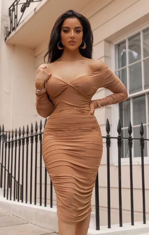 Mini dresses with criss - cross backs for a flirty lookStone Ruched Bardot Long Sleeve Bodycon Mini Dress - Mindy Mini dresses with criss - cross backs for a flirty lookStone Ruched Bardot Long Sleeve Bodycon Mini Dress - Mindy