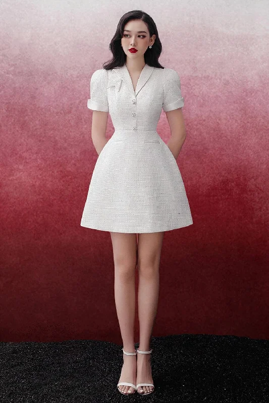 Mini dresses with polka dot patternsSuzy A-line V-Neck Tweed Mini Dress