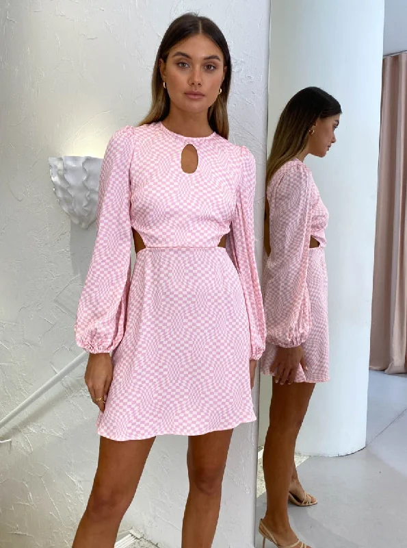 Mini dresses with tassel accents for a fun touchThe Wolf Gang Levisa Key Hole Mini Dress in Pink Check