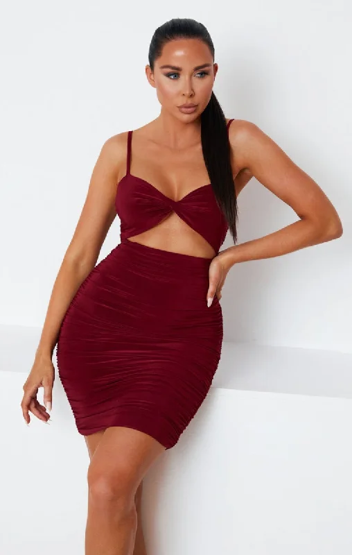 Floral print mini dresses for summer partiesWine Slinky Ruched Cut Out Strappy Bodycon Mini Dress - Mina Floral print mini dresses for summer partiesWine Slinky Ruched Cut Out Strappy Bodycon Mini Dress - Mina