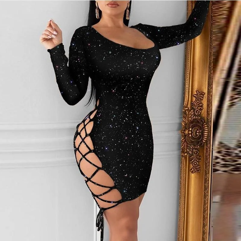 Mini dresses with embroidered details for a unique touchFashionSierra - Women Glitter Lace-Up Dress Long Sleeve Backless Sexy Night Out Club Party Dress Bodycon Stretchy Mini Dresses Vestidos