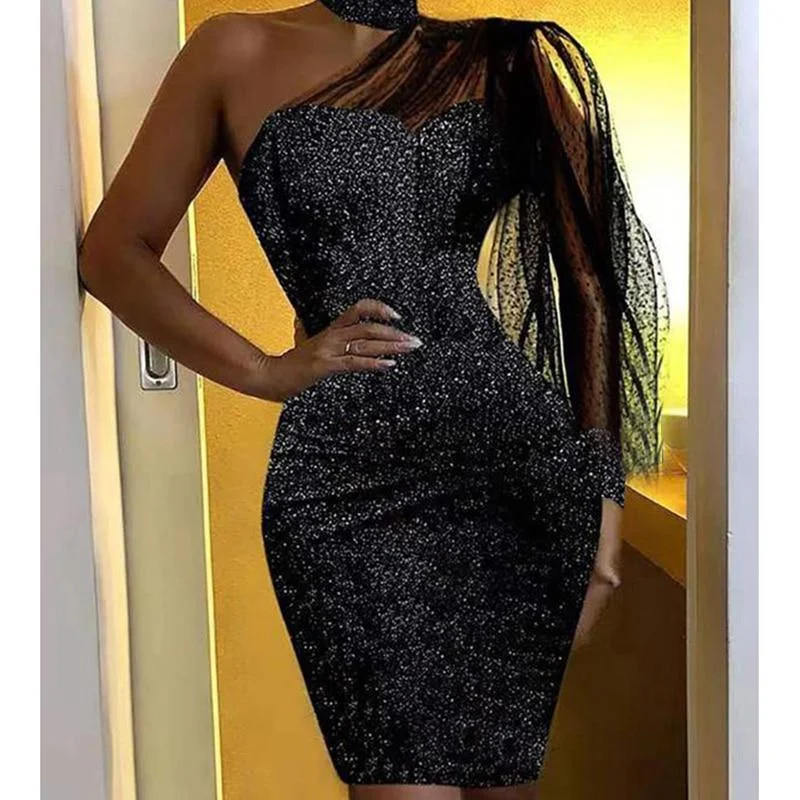 Mini dresses with one - shoulder designsFashionSierra - Women Glitter Mesh Patchwork Bodycon Dress Chocker Neck Black Glittering Mini Dresses Stretchy Party Dress Vestidos Mujer