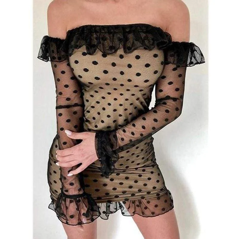 Mini dresses with pleated skirts for a classic lookFashionSierra - Women Ladies See-through Base Dress Flared Long Sleeve Off-shoulder Polka Dots Printed Short Mini Dress