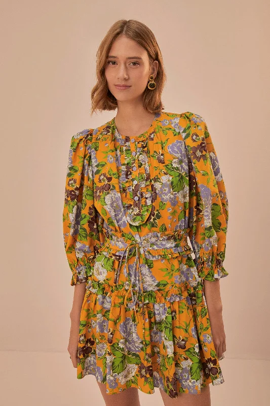 Ruffled mini dresses for a romantic touchYellow Capri Floral Short Sleeve Mini Dress