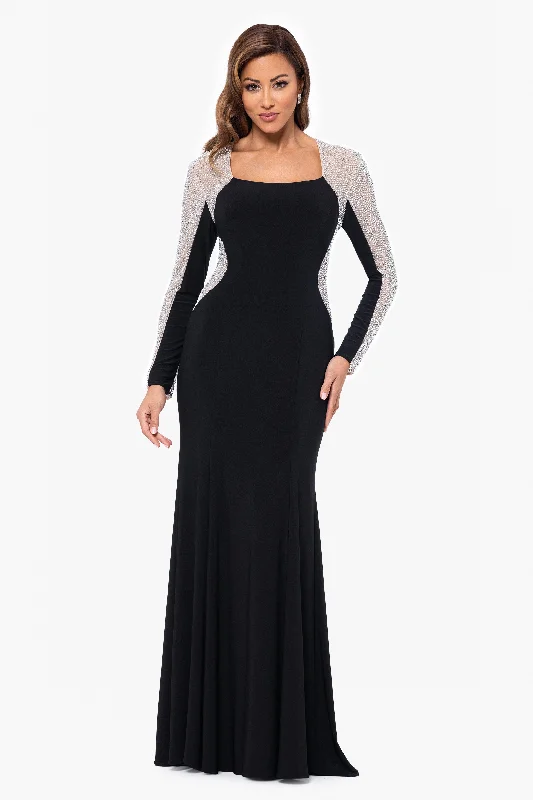 "Justina" Long Jersey Knit Caviar Beaded Long Sleeve Scoop Neck Dress