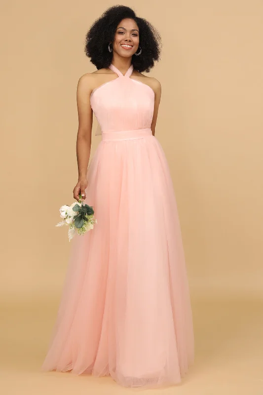 Wedding guest dresses with tassel - adorned belts and A - line skirtsA Line Halter Blush Long Bridesmaid Dress Wedding guest dresses with tassel - adorned belts and A - line skirtsA Line Halter Blush Long Bridesmaid Dress