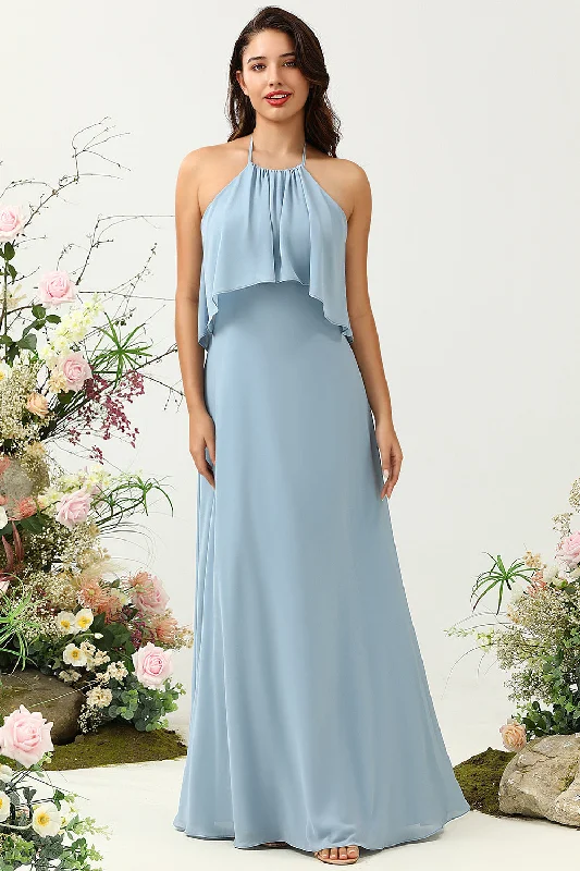 Wedding guest dresses with tiered skirts for a feminine lookA Line Halter Neck Blue Long Bridesmaid Dress Wedding guest dresses with tiered skirts for a feminine lookA Line Halter Neck Blue Long Bridesmaid Dress