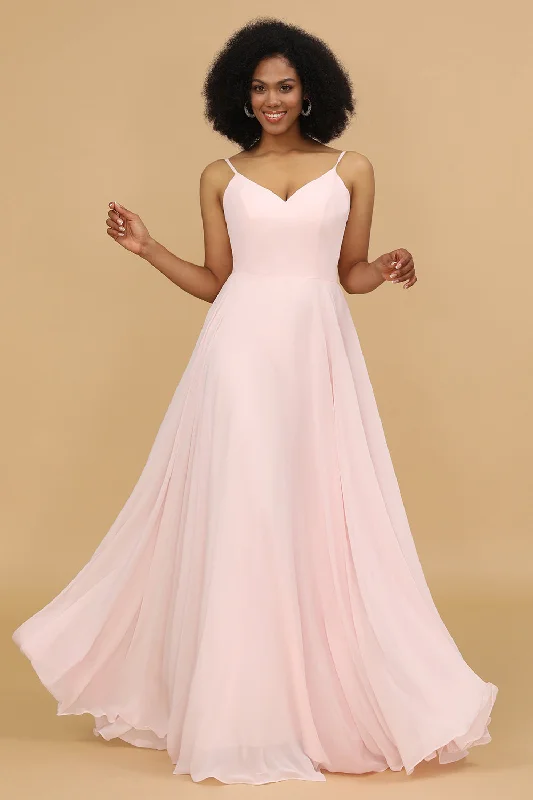 Asymmetric - hem wedding guest dresses in metallic huesA Line Spaghetti Straps Pink Chiffon Long Bridesmaid Dress Asymmetric - hem wedding guest dresses in metallic huesA Line Spaghetti Straps Pink Chiffon Long Bridesmaid Dress