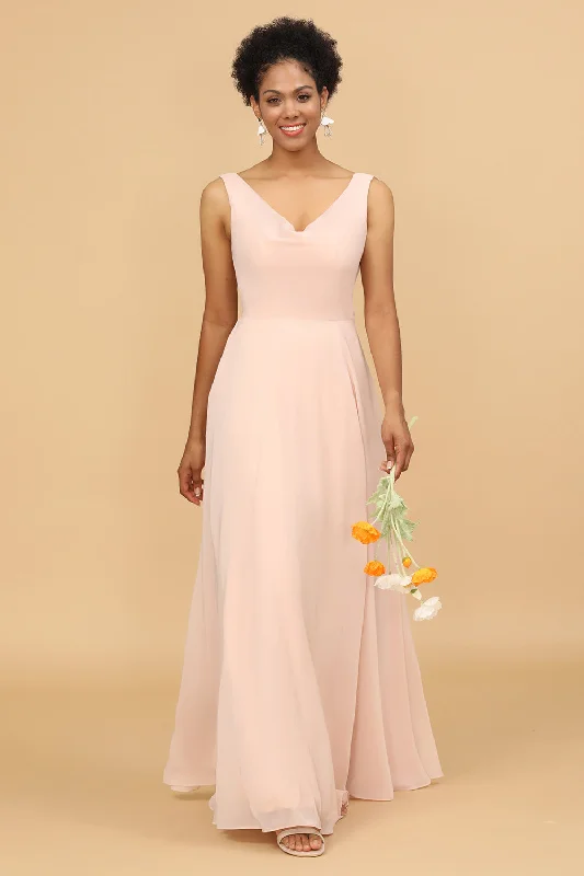 Wedding guest dresses with pom - pom trims for a playful lookA Line V Neck Blush Chiffon Long Bridesmaid Dress Wedding guest dresses with pom - pom trims for a playful lookA Line V Neck Blush Chiffon Long Bridesmaid Dress