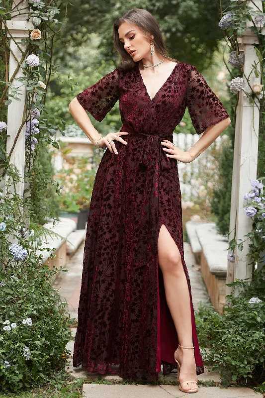 Tea - length wedding guest dresses with polka dot patternsA Line V Neck Rust Long Bridesmaid Dress with Split Front Tea - length wedding guest dresses with polka dot patternsA Line V Neck Rust Long Bridesmaid Dress with Split Front