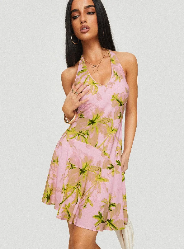 Sequined cocktail dresses with a mermaid silhouetteAlcedo Halter Mini Dress Pink / Green Sequined cocktail dresses with a mermaid silhouetteAlcedo Halter Mini Dress Pink / Green