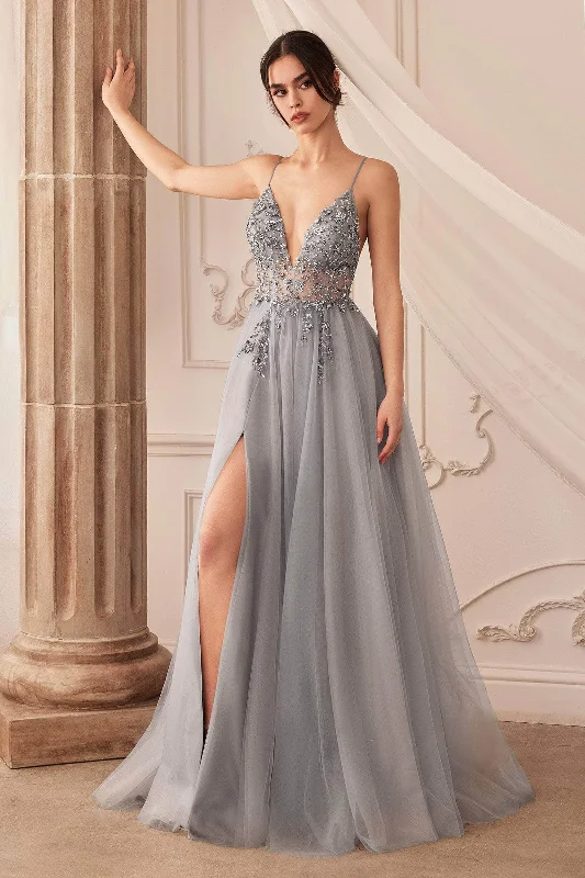 Wedding guest dresses with gathered skirts and V - necklinesAndrea and Leo - A0672 Illusion Beaded Bodice Simple Prom A-Line Gown