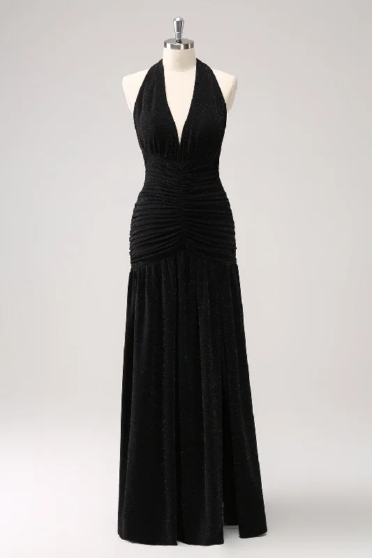 Wedding guest dresses with keyhole backs and flowing fabricsBlack Mermaid Pleated Backless Long Bridesmaid Dress Wedding guest dresses with keyhole backs and flowing fabricsBlack Mermaid Pleated Backless Long Bridesmaid Dress