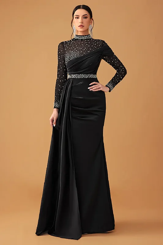 Black Sparkly A Line Halter Long Prom Dress with Beading