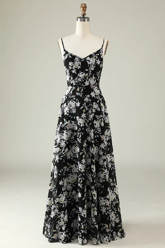 Sheath - style wedding guest dresses with lace overlaysBlack White Flower Boho Chiffon Bridesmaid Dress