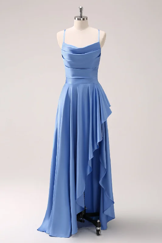 Animal - print wedding guest dresses in subtle colors for a bold statementBlue Cowl Neck Satin Asymmetrical Bridesmaid Dress with Slit Animal - print wedding guest dresses in subtle colors for a bold statementBlue Cowl Neck Satin Asymmetrical Bridesmaid Dress with Slit