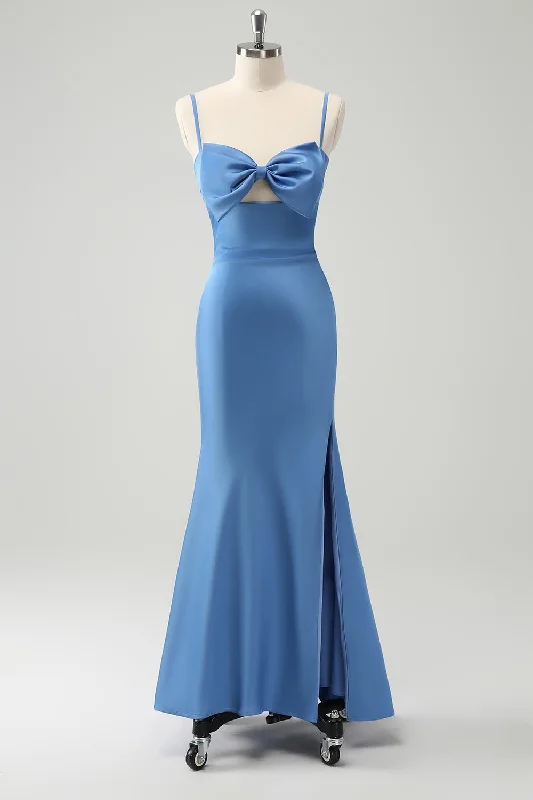 Geometric - printed wedding guest dresses for a modern weddingBlue Mermaid Spaghetti Straps Bridesmaid Dress with Bowknot