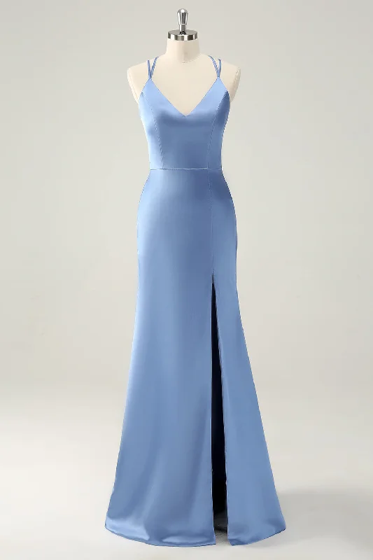 Wedding guest dresses with fringe accents for a bohemian - inspired weddingBlue Mermaid Spaghetti Straps Satin Bridesmaid Dress with Slit