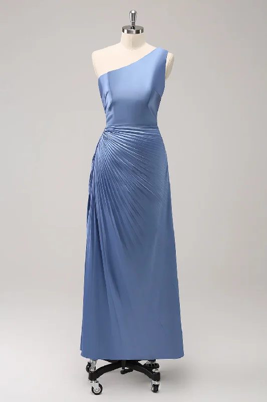 Metallic wedding guest dresses for a glamorous weddingBlue One Shoulder Satin Keyhole Long Bridesmaid Dress Metallic wedding guest dresses for a glamorous weddingBlue One Shoulder Satin Keyhole Long Bridesmaid Dress