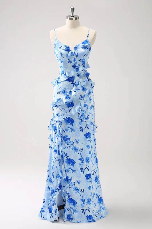 Wrap - style wedding guest dresses with bow accentsBlue Ruffled Floral Bridesmaid Dress with Slit Wrap - style wedding guest dresses with bow accentsBlue Ruffled Floral Bridesmaid Dress with Slit