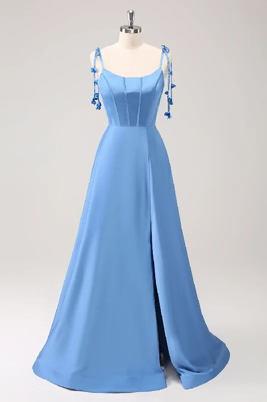 Printed wedding guest dresses with tropical motifs for beach weddingsBlue A Line Spaghetti Straps Satin Floor Length Bridesmaid Dress with Slit Printed wedding guest dresses with tropical motifs for beach weddingsBlue A Line Spaghetti Straps Satin Floor Length Bridesmaid Dress with Slit