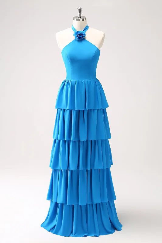 Off - the - shoulder wedding guest dresses in chiffonBlue Tiered Chiffon Bridesmaid Dress with Flower Off - the - shoulder wedding guest dresses in chiffonBlue Tiered Chiffon Bridesmaid Dress with Flower