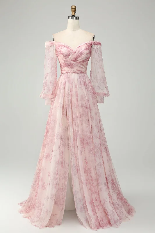 Mini cocktail dresses with a tiered ruffled skirt and a scoop neckBlush Flower A-Line Off The Shoulder Print Prom Dress With Slit