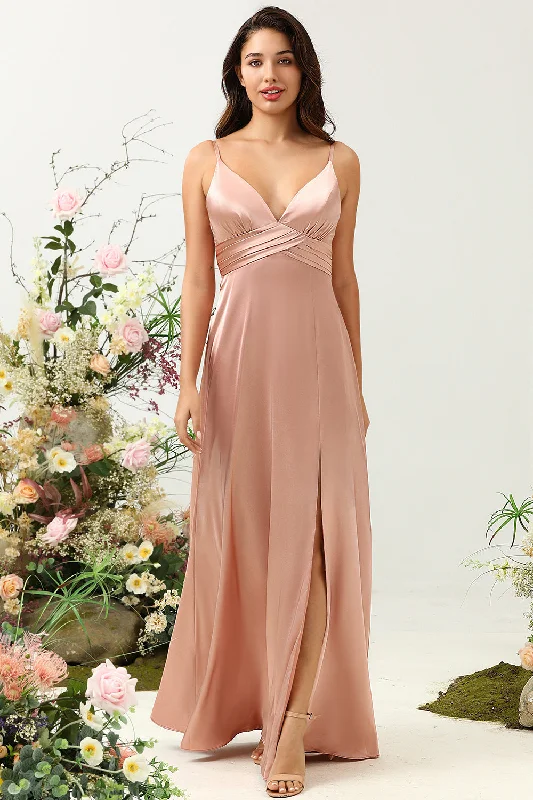 Sleeveless wedding guest dresses with ruffled hemsBlush Spaghetti Straps A Line Bridesmaid Dress With Slit Sleeveless wedding guest dresses with ruffled hemsBlush Spaghetti Straps A Line Bridesmaid Dress With Slit