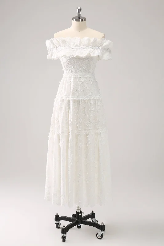 Wedding guest dresses with cold - shoulder designs and solid colorsCute A-Line White Off the Shoulder Midi Dress with Ruffles Wedding guest dresses with cold - shoulder designs and solid colorsCute A-Line White Off the Shoulder Midi Dress with Ruffles