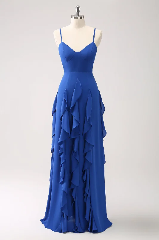 Sheath - style wedding guest dresses with lace overlaysA-Line Dark Blue Spaghetti Straps Bridesmaid Dress with Ruffles Sheath - style wedding guest dresses with lace overlaysA-Line Dark Blue Spaghetti Straps Bridesmaid Dress with Ruffles