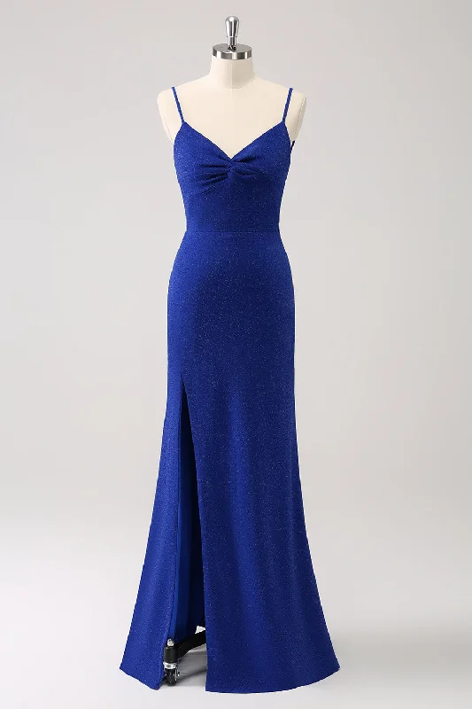Long - sleeved wedding guest dresses in velvet for a winter weddingDark Blue Sparkly Twist Front Mermaid Wedding Guest Dress with Slit Long - sleeved wedding guest dresses in velvet for a winter weddingDark Blue Sparkly Twist Front Mermaid Wedding Guest Dress with Slit