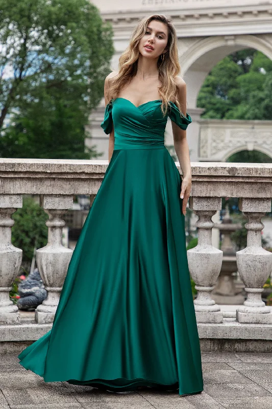 Off - the - shoulder wedding guest dresses in chiffonDark Green A Line Off the Shouder Satin Long Bridesmaid Dress