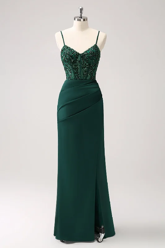 Wedding guest dresses with empire waists and tulle skirtsDark Green Mermaid Spaghetti Straps Satin Long Bridesmaid Dress with Slit Wedding guest dresses with empire waists and tulle skirtsDark Green Mermaid Spaghetti Straps Satin Long Bridesmaid Dress with Slit